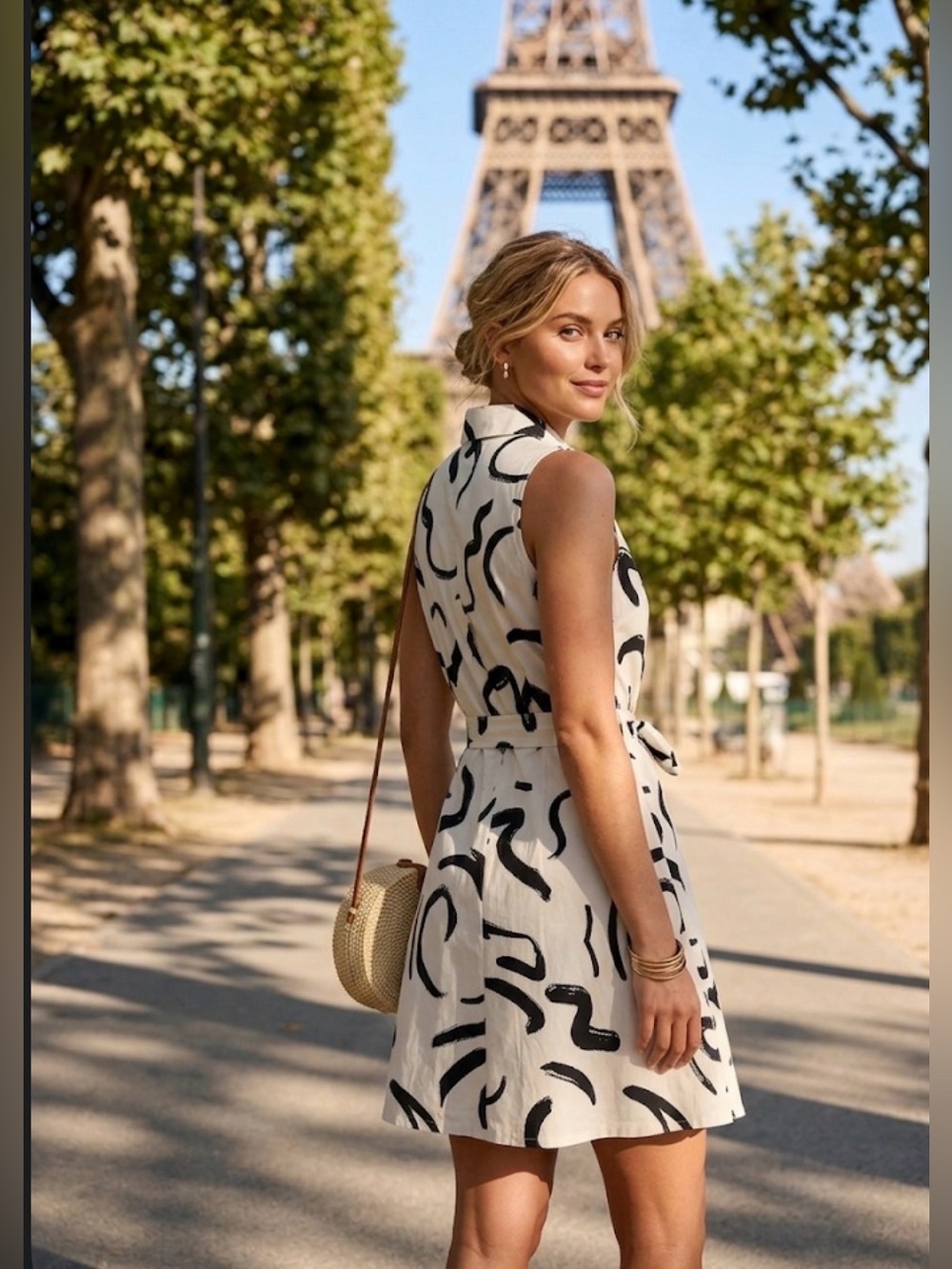 Sleeveless White Dress with Black Abstract Print